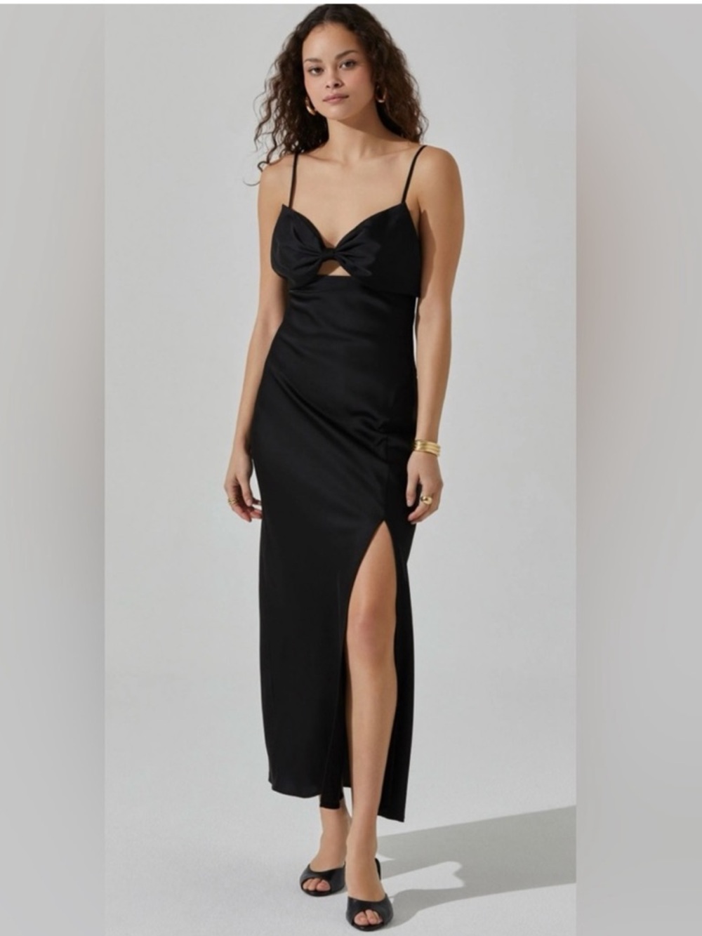 ASTR The Label Bow Cutout Satin Maxi Dress Black Medium NWT